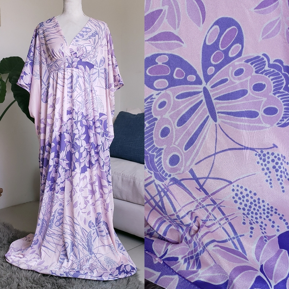 Vintage Miss Elaine Marc Colorful Pink Butterfly Floral One Size Caftan